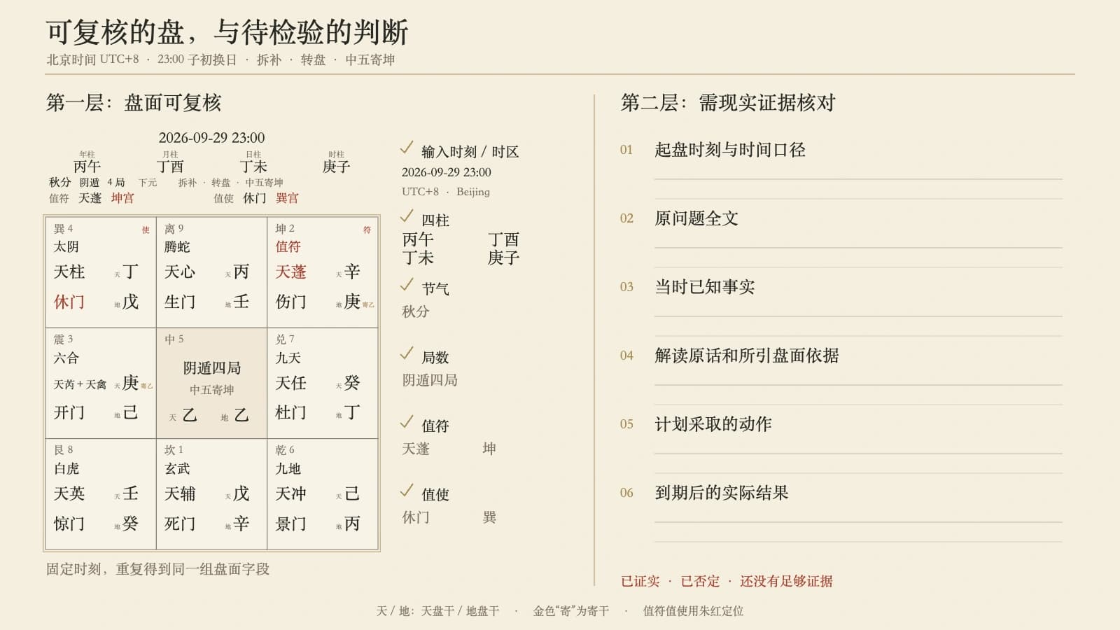 左侧为北京时间 2026-09-29 23:00 的真实九宫盘和可复核字段,右侧为六栏现实证据复盘记录。